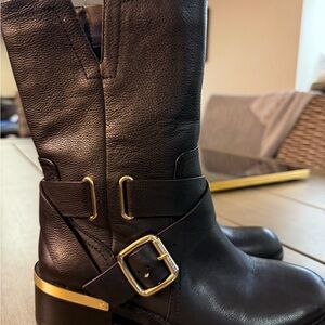 Vince Camuto Black Leather Ankle Boots with Gold Accents